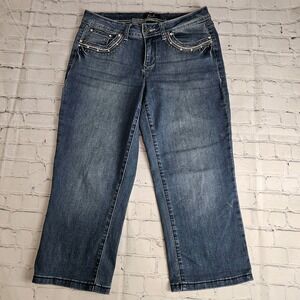 Earl Jeans Cropped Denim Size‎ 10P PETITE Rhinestones Embroidered Lace Detail